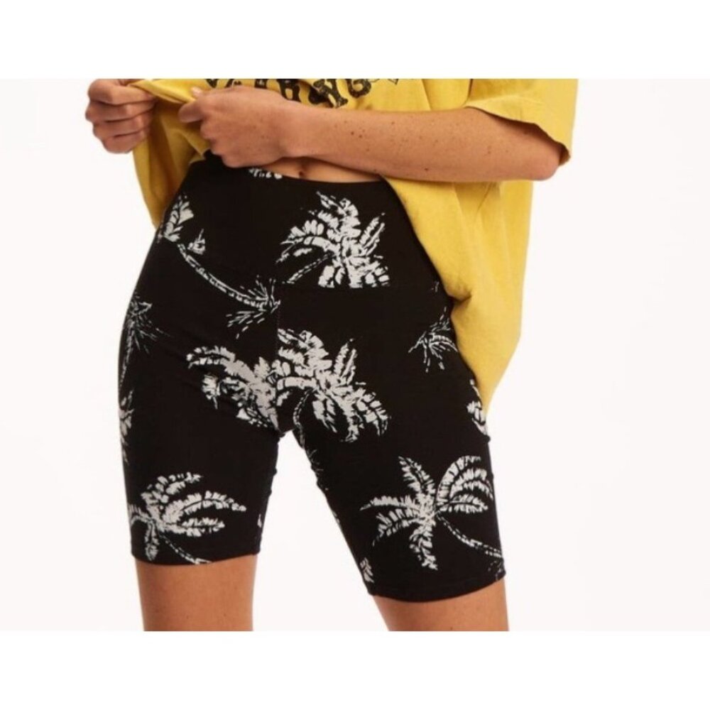 BILLABONG Biker Shorts Sz S Black White Palm Tree Print Cotton Blend Mid Thigh